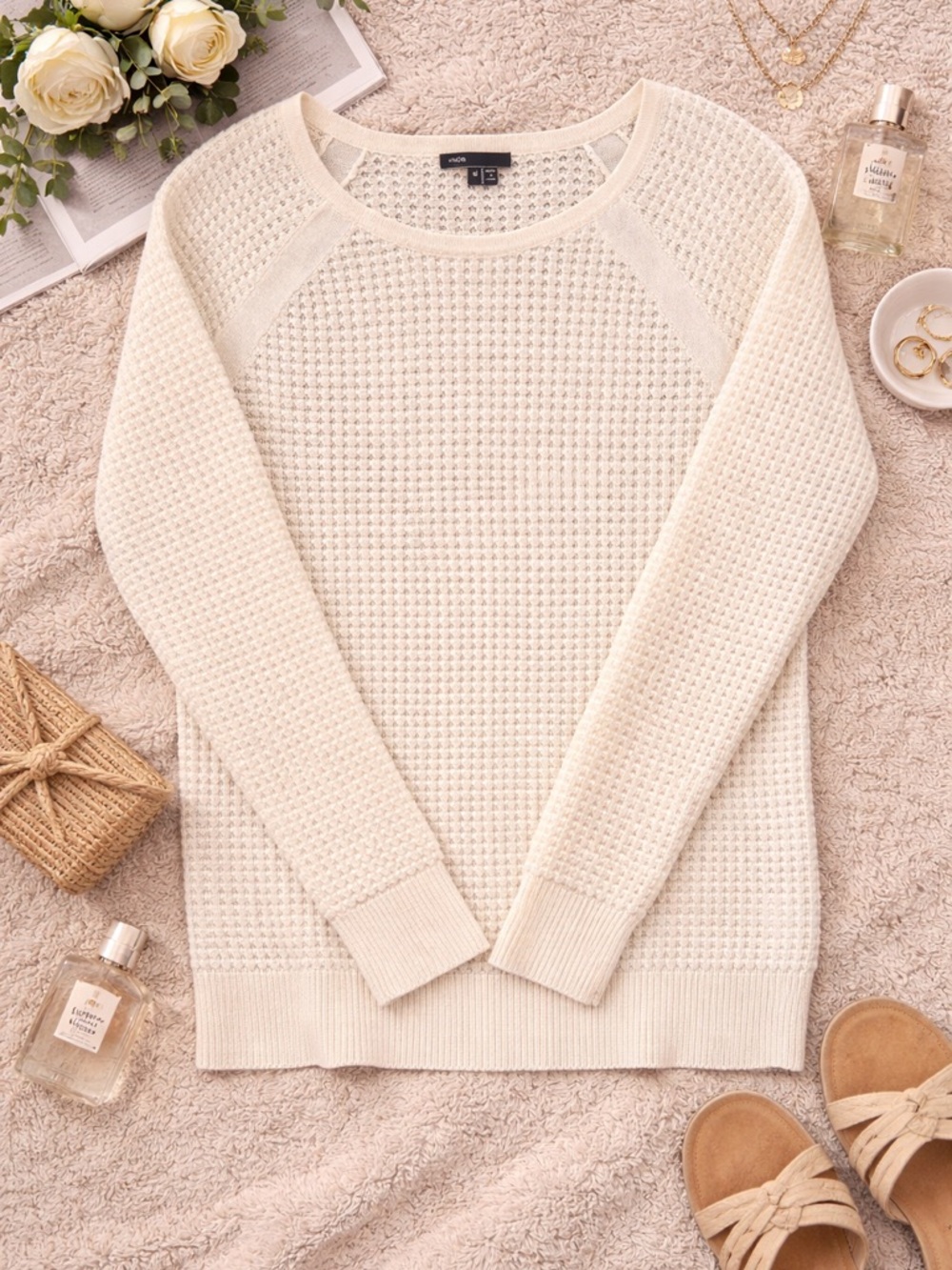 Vince Cashmere Blend Quilted Raglan Sweater Cream Ivory Off White Size Medium